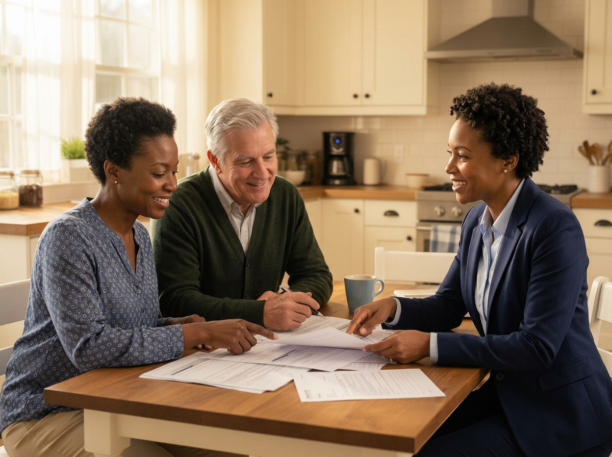A Black woman insurance advisor reviewing Medicare options with an interracial husband and wife at a sunny kitchen table