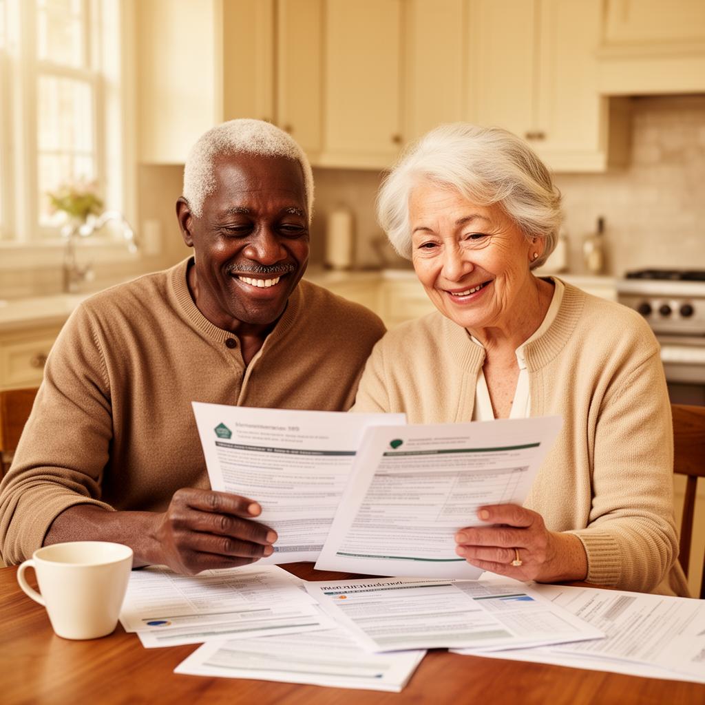 Happy interracial senior couple reviewing Medicare information together at home