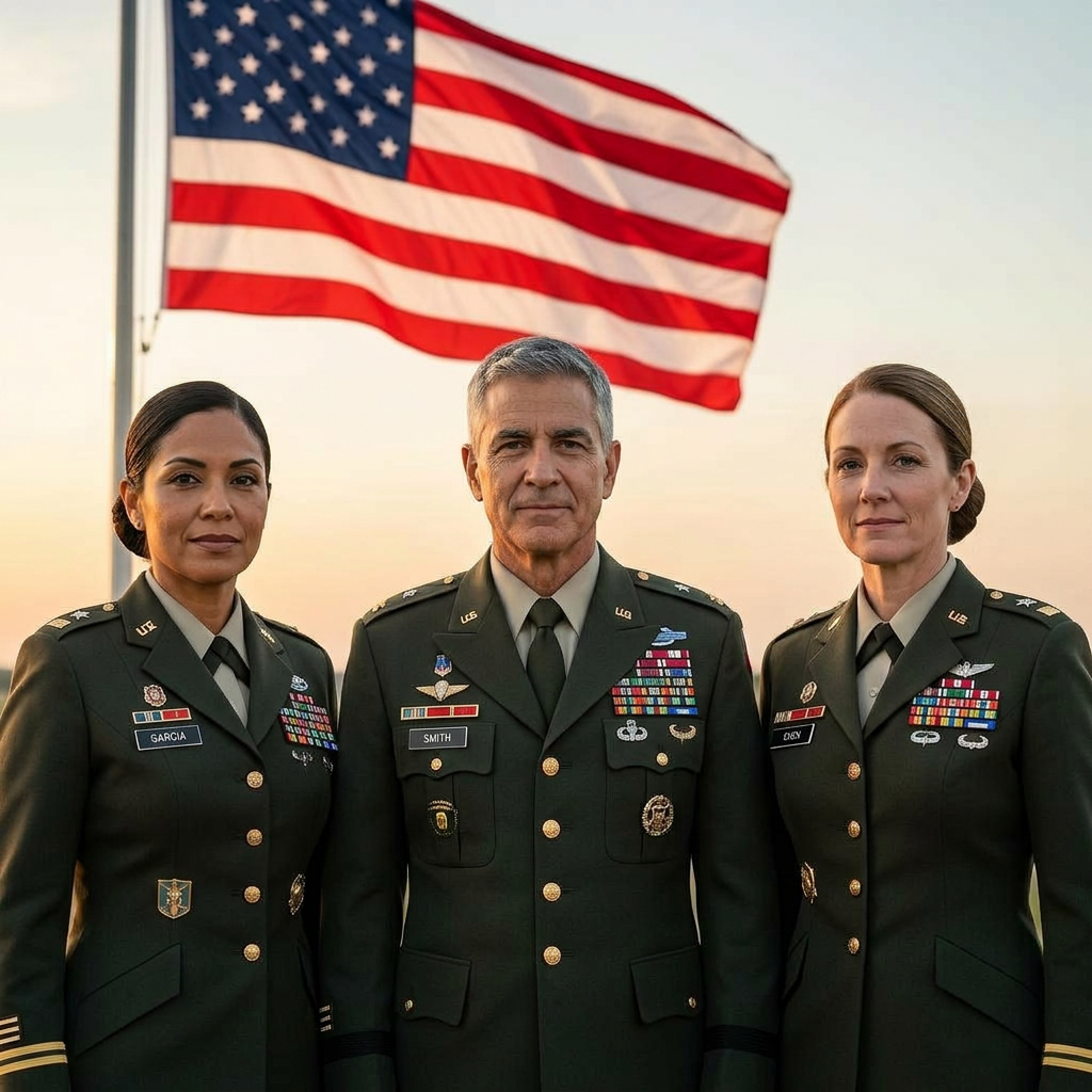 Two women and one man, middle-aged, in uniform with an American flag in the background